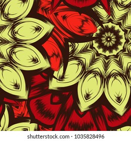 Seamless floral background. Tracery handmade nature ethnic fabric backdrop pattern with flowers. Textile design texture. Decorative color art. Vector