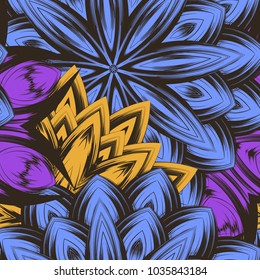 Seamless floral background. Tracery handmade nature ethnic fabric backdrop pattern with flowers. Textile design texture. Decorative color art. Vector
