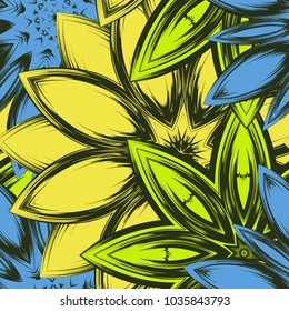 Seamless floral background. Tracery handmade nature ethnic fabric backdrop pattern with flowers. Textile design texture. Decorative color art. Vector