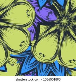 Seamless floral background. Tracery handmade nature ethnic fabric backdrop pattern with flowers. Textile design texture. Decorative color art. Vector