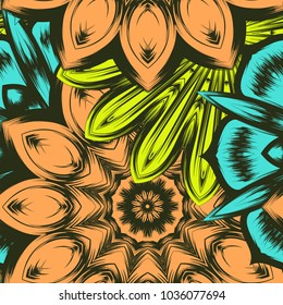 Seamless floral background. Tracery handmade nature ethnic fabric backdrop pattern with flowers. Textile design texture. Decorative color art. Vector