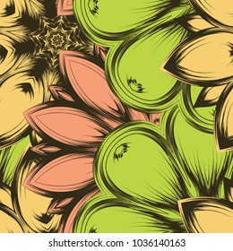 Seamless floral background. Tracery handmade nature ethnic fabric backdrop pattern with flowers. Textile design texture. Decorative color art. Vector
