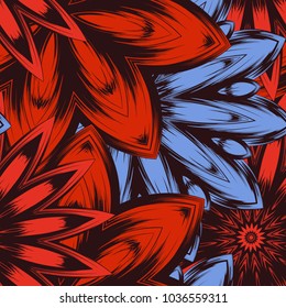 Seamless floral background. Tracery handmade nature ethnic fabric backdrop pattern with flowers. Textile design texture. Decorative color art. Vector