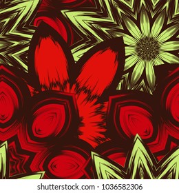 Seamless floral background. Tracery handmade nature ethnic fabric backdrop pattern with flowers. Textile design texture. Decorative color art. Vector