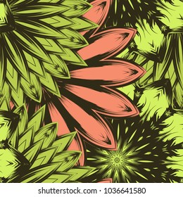 Seamless floral background. Tracery handmade nature ethnic fabric backdrop pattern with flowers. Textile design texture. Decorative color art. Vector