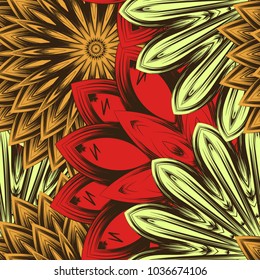 Seamless floral background. Tracery handmade nature ethnic fabric backdrop pattern with flowers. Textile design texture. Decorative color art. Vector