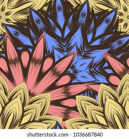 Seamless floral background. Tracery handmade nature ethnic fabric backdrop pattern with flowers. Textile design texture. Decorative color art. Vector