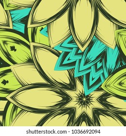 Seamless floral background. Tracery handmade nature ethnic fabric backdrop pattern with flowers. Textile design texture. Decorative color art. Vector