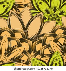 Seamless floral background. Tracery handmade nature ethnic fabric backdrop pattern with flowers. Textile design texture. Decorative color art. Vector