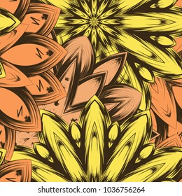 Seamless floral background. Tracery handmade nature ethnic fabric backdrop pattern with flowers. Textile design texture. Decorative color art. Vector