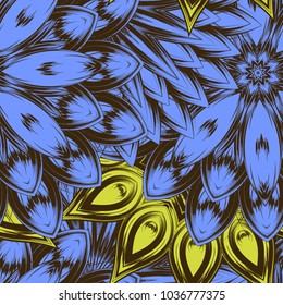 Seamless floral background. Tracery handmade nature ethnic fabric backdrop pattern with flowers. Textile design texture. Decorative color art. Vector