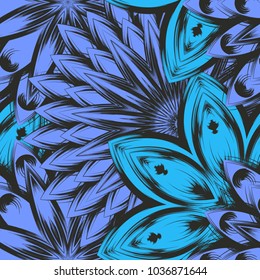 Seamless floral background. Tracery handmade nature ethnic fabric backdrop pattern with flowers. Textile design texture. Decorative color art. Vector