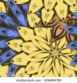 Seamless floral background. Tracery handmade nature ethnic fabric backdrop pattern with flowers. Textile design texture. Decorative color art. Vector