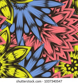 Seamless floral background. Tracery handmade nature ethnic fabric backdrop pattern with flowers. Textile design texture. Decorative color art. Vector