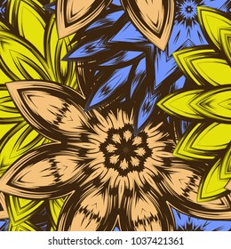 Seamless floral background. Tracery handmade nature ethnic fabric backdrop pattern with flowers. Textile design texture. Decorative color art. Vector