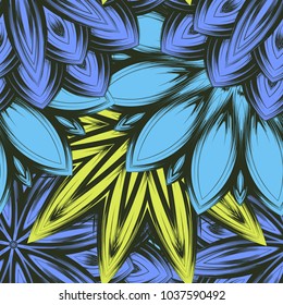 Seamless floral background. Tracery handmade nature ethnic fabric backdrop pattern with flowers. Textile design texture. Decorative color art. Vector