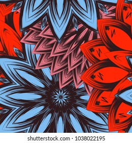 Seamless floral background. Tracery handmade nature ethnic fabric backdrop pattern with flowers. Textile design texture. Decorative color art. Vector