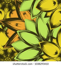 Seamless floral background. Tracery handmade nature ethnic fabric backdrop pattern with flowers. Textile design texture. Decorative color art. Vector