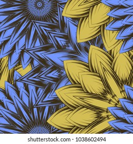 Seamless floral background. Tracery handmade nature ethnic fabric backdrop pattern with flowers. Textile design texture. Decorative color art. Vector