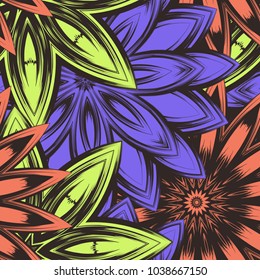 Seamless floral background. Tracery handmade nature ethnic fabric backdrop pattern with flowers. Textile design texture. Decorative color art. Vector