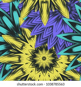 Seamless floral background. Tracery handmade nature ethnic fabric backdrop pattern with flowers. Textile design texture. Decorative color art. Vector