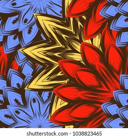 Seamless floral background. Tracery handmade nature ethnic fabric backdrop pattern with flowers. Textile design texture. Decorative color art. Vector