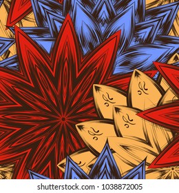 Seamless floral background. Tracery handmade nature ethnic fabric backdrop pattern with flowers. Textile design texture. Decorative color art. Vector