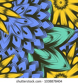 Seamless floral background. Tracery handmade nature ethnic fabric backdrop pattern with flowers. Textile design texture. Decorative color art. Vector