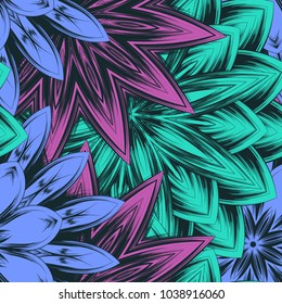 Seamless floral background. Tracery handmade nature ethnic fabric backdrop pattern with flowers. Textile design texture. Decorative color art. Vector