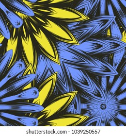 Seamless floral background. Tracery handmade nature ethnic fabric backdrop pattern with flowers. Textile design texture. Decorative color art. Vector