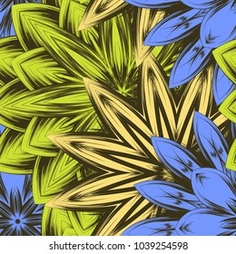 Seamless floral background. Tracery handmade nature ethnic fabric backdrop pattern with flowers. Textile design texture. Decorative color art. Vector