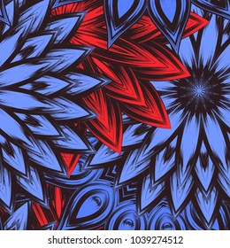 Seamless floral background. Tracery handmade nature ethnic fabric backdrop pattern with flowers. Textile design texture. Decorative color art. Vector