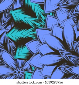 Seamless floral background. Tracery handmade nature ethnic fabric backdrop pattern with flowers. Textile design texture. Decorative color art. Vector