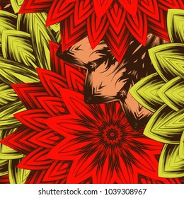 Seamless floral background. Tracery handmade nature ethnic fabric backdrop pattern with flowers. Textile design texture. Decorative color art. Vector