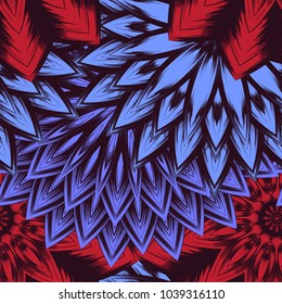 Seamless floral background. Tracery handmade nature ethnic fabric backdrop pattern with flowers. Textile design texture. Decorative color art. Vector