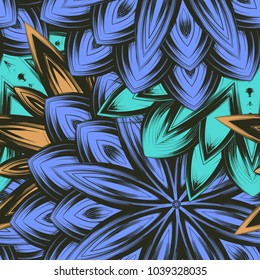 Seamless floral background. Tracery handmade nature ethnic fabric backdrop pattern with flowers. Textile design texture. Decorative color art. Vector