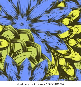 Seamless floral background. Tracery handmade nature ethnic fabric backdrop pattern with flowers. Textile design texture. Decorative color art. Vector