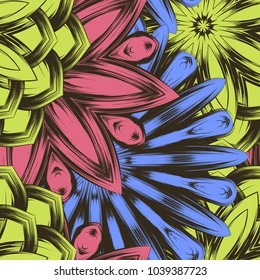 Seamless floral background. Tracery handmade nature ethnic fabric backdrop pattern with flowers. Textile design texture. Decorative color art. Vector