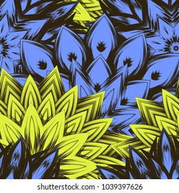 Seamless floral background. Tracery handmade nature ethnic fabric backdrop pattern with flowers. Textile design texture. Decorative color art. Vector