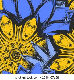 Seamless floral background. Tracery handmade nature ethnic fabric backdrop pattern with flowers. Textile design texture. Decorative color art. Vector