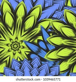 Seamless floral background. Tracery handmade nature ethnic fabric backdrop pattern with flowers. Textile design texture. Decorative color art. Vector