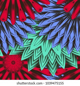 Seamless floral background. Tracery handmade nature ethnic fabric backdrop pattern with flowers. Textile design texture. Decorative color art. Vector