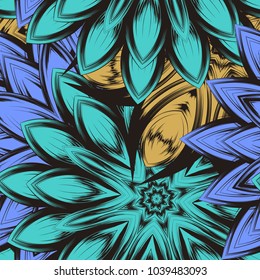 Seamless floral background. Tracery handmade nature ethnic fabric backdrop pattern with flowers. Textile design texture. Decorative color art. Vector