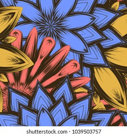 Seamless floral background. Tracery handmade nature ethnic fabric backdrop pattern with flowers. Textile design texture. Decorative color art. Vector