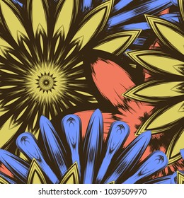 Seamless floral background. Tracery handmade nature ethnic fabric backdrop pattern with flowers. Textile design texture. Decorative color art. Vector