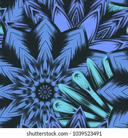 Seamless floral background. Tracery handmade nature ethnic fabric backdrop pattern with flowers. Textile design texture. Decorative color art. Vector