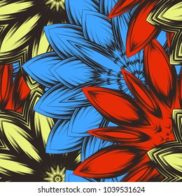 Seamless floral background. Tracery handmade nature ethnic fabric backdrop pattern with flowers. Textile design texture. Decorative color art. Vector
