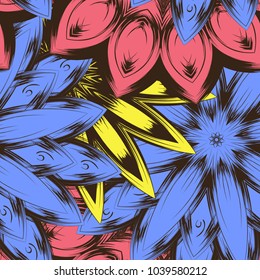 Seamless floral background. Tracery handmade nature ethnic fabric backdrop pattern with flowers. Textile design texture. Decorative color art. Vector