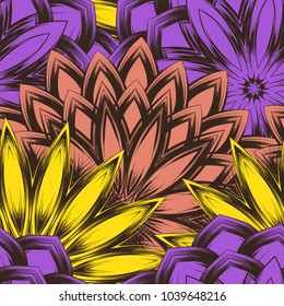 Seamless floral background. Tracery handmade nature ethnic fabric backdrop pattern with flowers. Textile design texture. Decorative color art. Vector