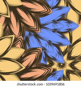 Seamless floral background. Tracery handmade nature ethnic fabric backdrop pattern with flowers. Textile design texture. Decorative color art. Vector